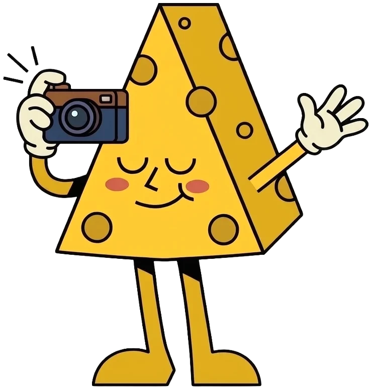 Cheddar the cheese mascot, waving with a camera