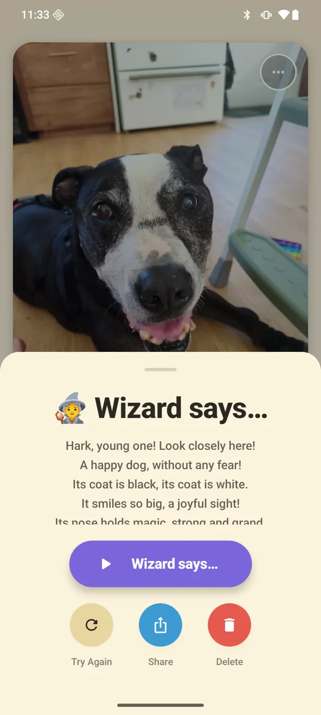 A photo of a dog with a Cheddar Says description read aloud in the Wizard's voice