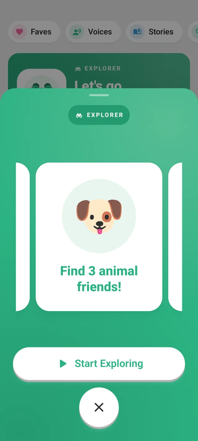 Cheddar's Explorer screen handing out a mission: find 3 animal friends